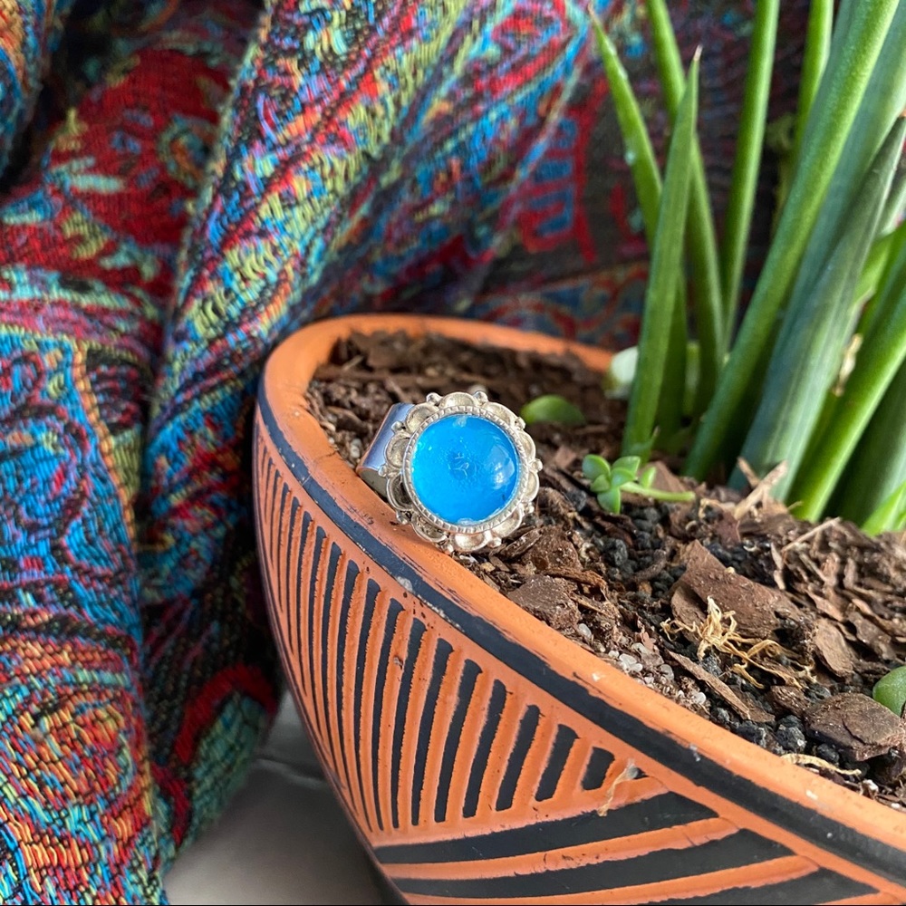 Handmade Adjustable Blue Floral Ring in Silver